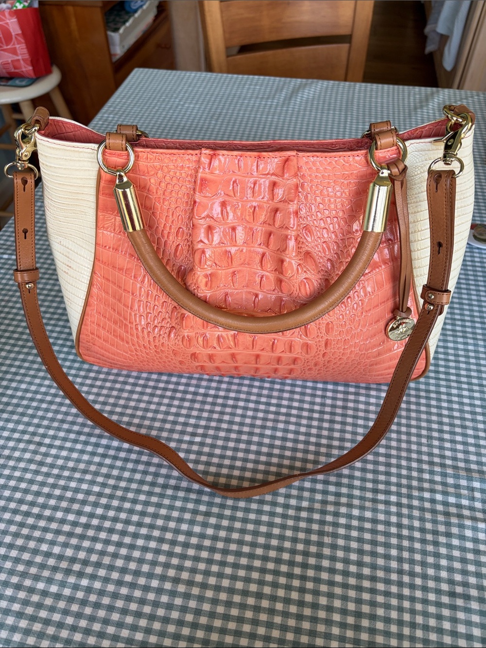 Coral Croc-Embossed & Cream Panel Shoulder Bag